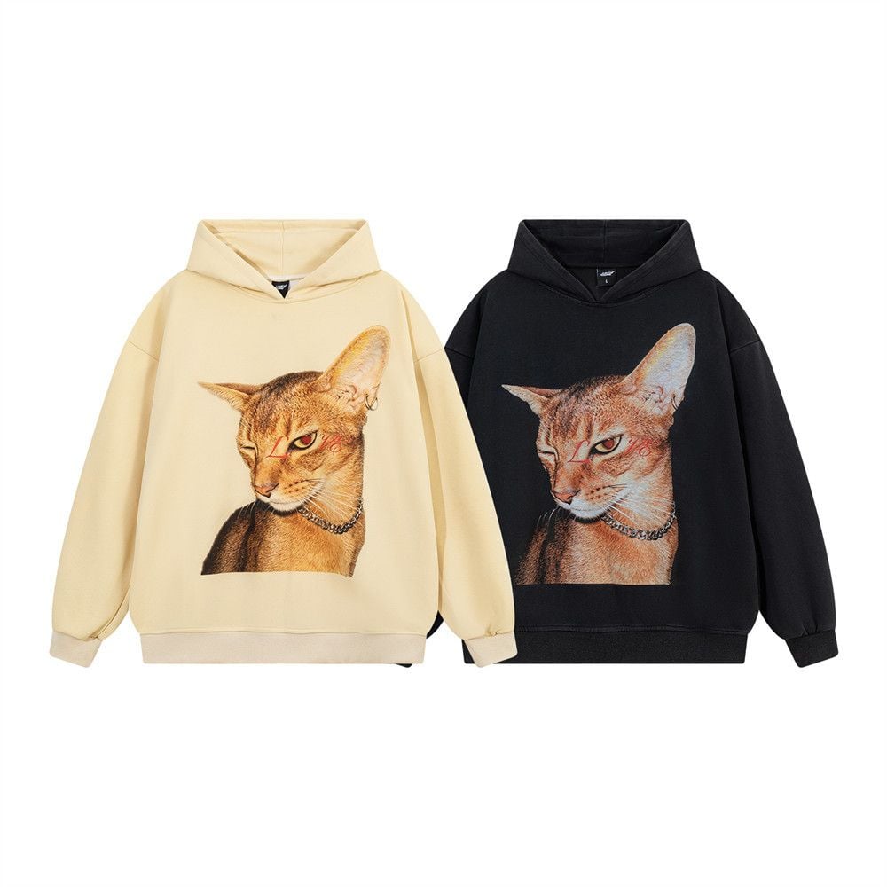 Men High‑Street Hip‑Hop Pullover Hoodie, Cool Kitty Cat Graphic Print Loose Sweatshirt With Patch Pockets for Spring Autumn