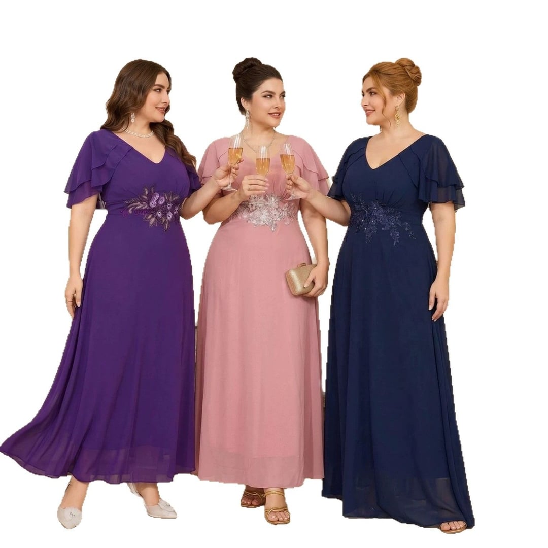 Elegant Plus Size V-Neck Cap Sleeve Appliqué Formal Evening Dress European Style