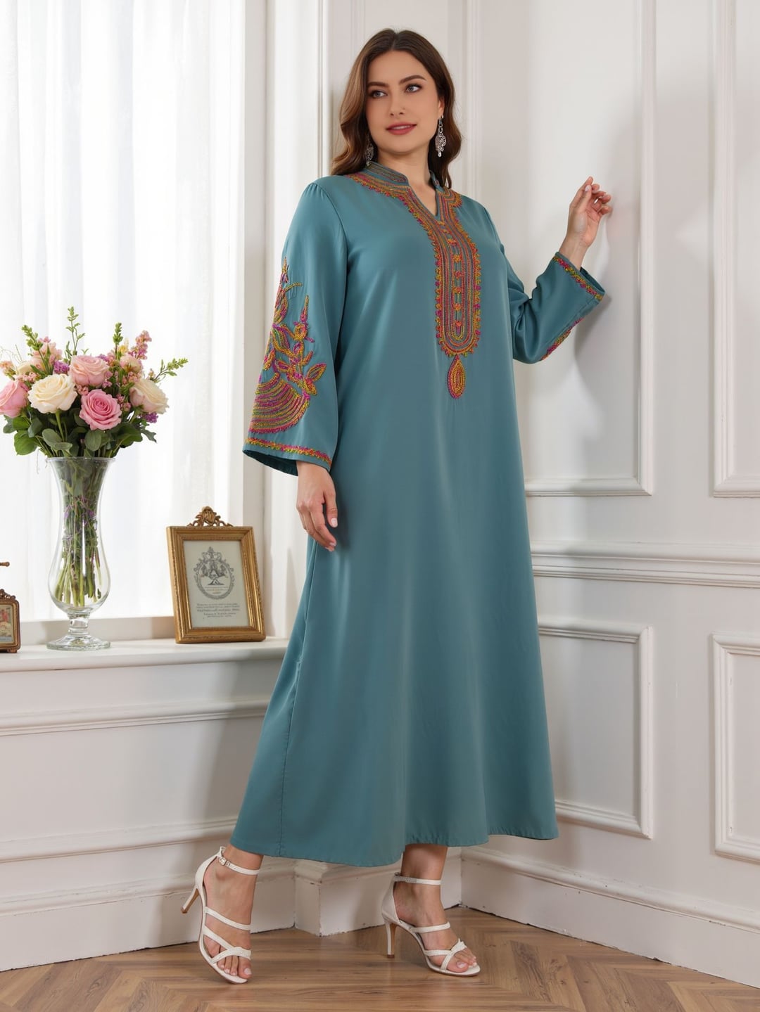 Plus Size Ethnic Loose Long Dress With Colorful Sequin Lace Decoration