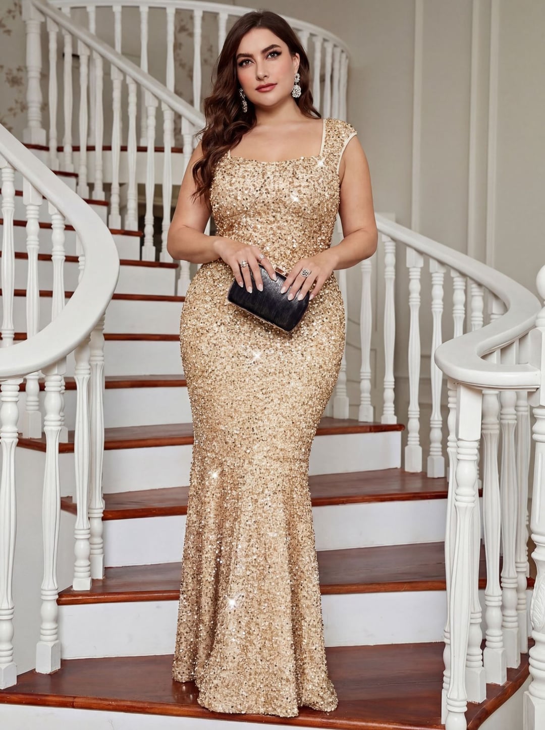 Plus Size Square Neck Short Sleeve Slim Fit Mermaid Bodycon Sequin Evening Dress