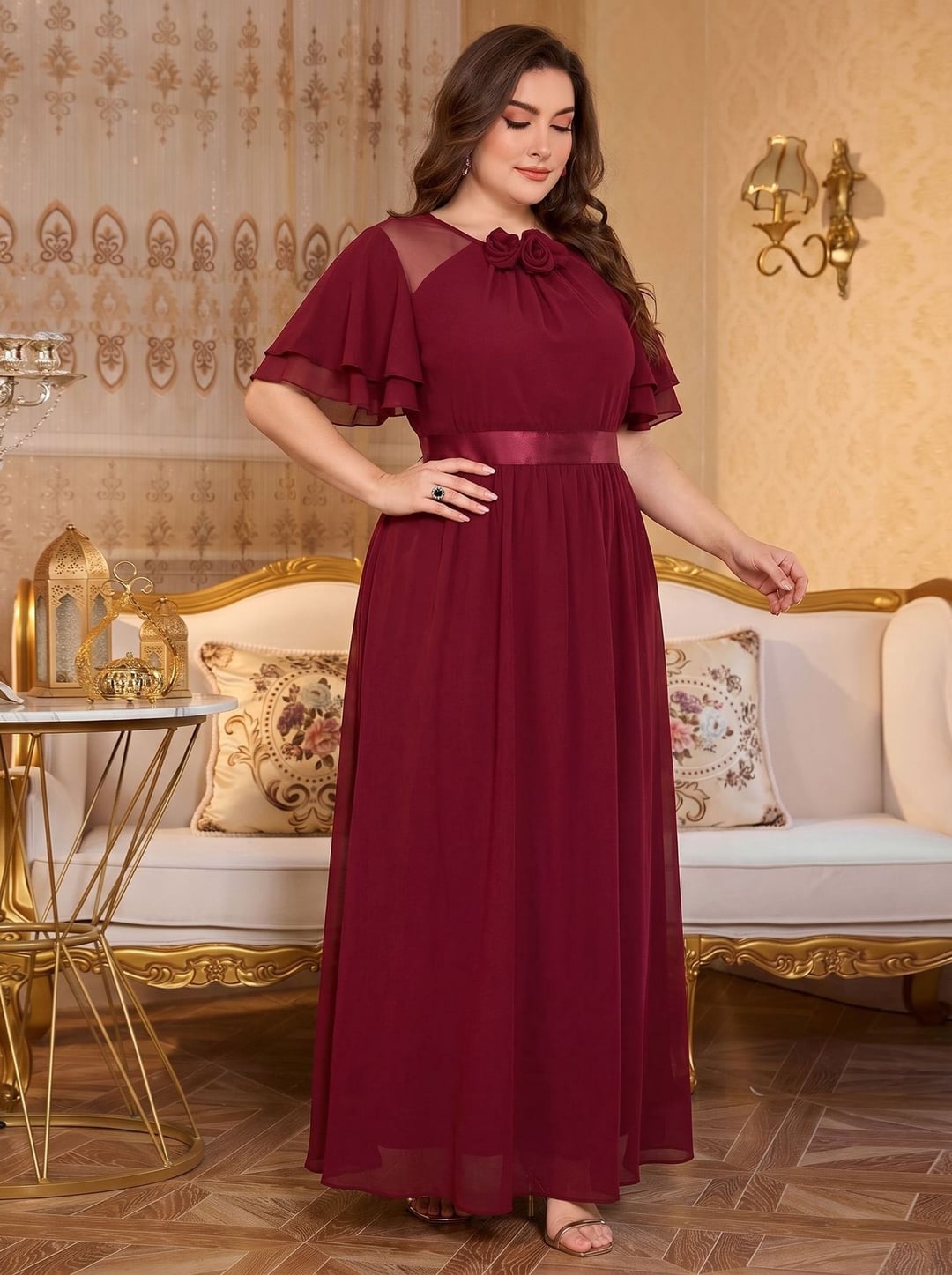 European & American Round Neck 3D Flower Chiffon Evening Dress