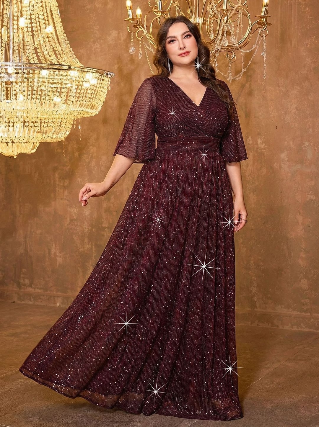 Plus Size Women European Style V-neck Long Sleeve Slit Sequin Elegant Dress