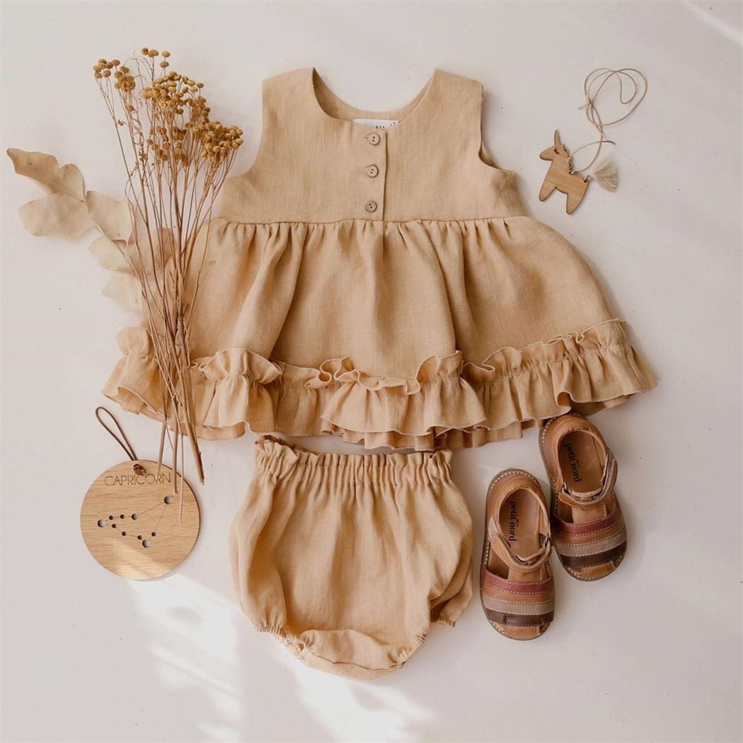Spring & Summer Cotton Linen Baby Clothing Set, Girls Dress with Ruffle Trim, Princess Slip Dress & Bubble Pants