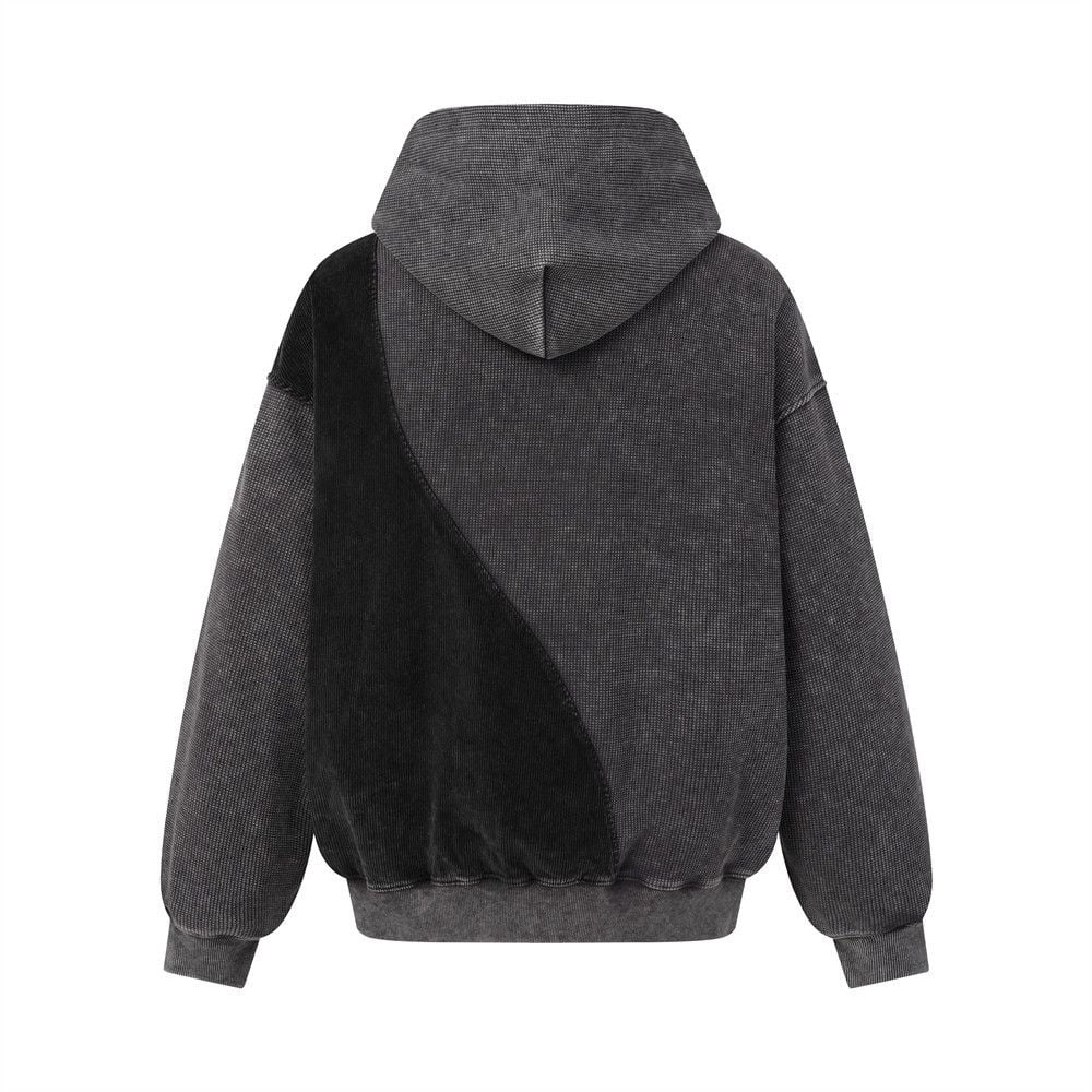 Men’s Washed Vintage Half‑Zip Hoodie, Irregular Color‑Block Splicing Streetwear Sweatshirt