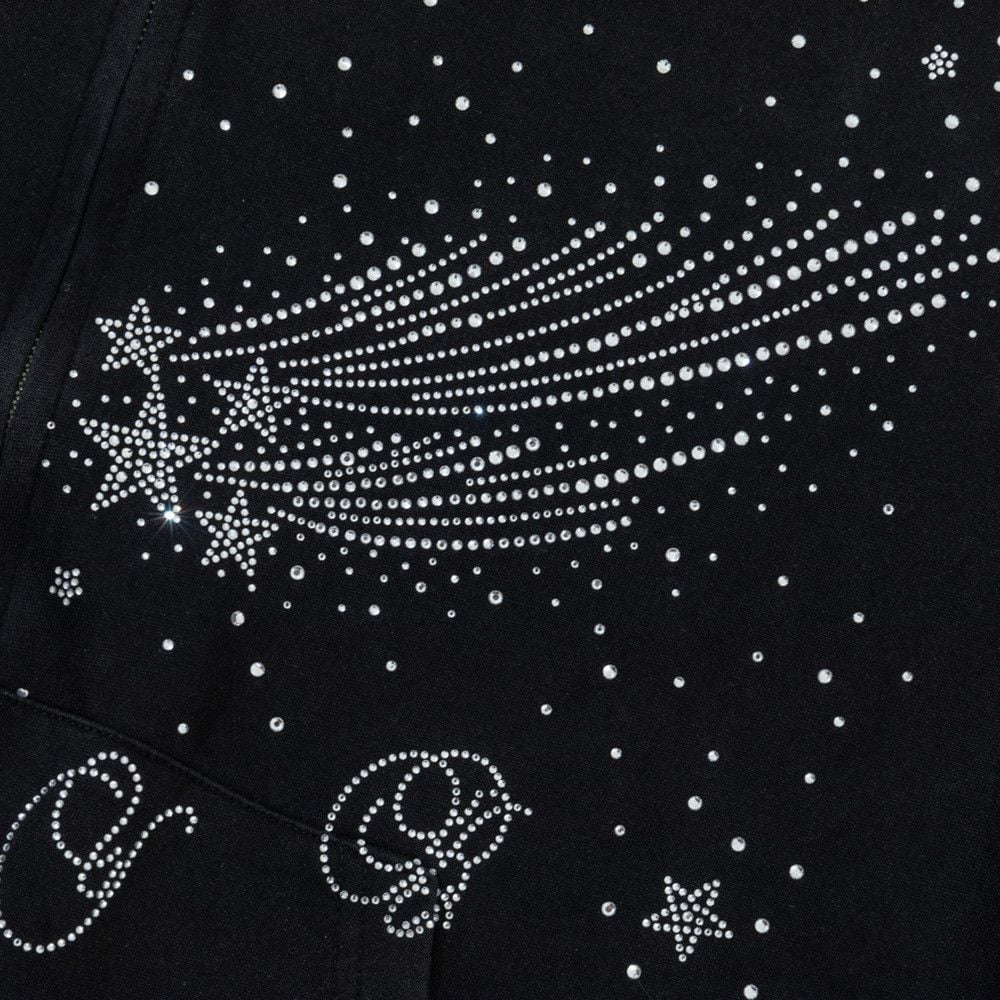 Men Starry Bling Hot‑Fix Rhinestone Hooded Zip‑Up Cardigan, Hip‑Hop Street‑Style Unique Double‑Slider Zipper Sweatshirt Jacket for Spring Autumn