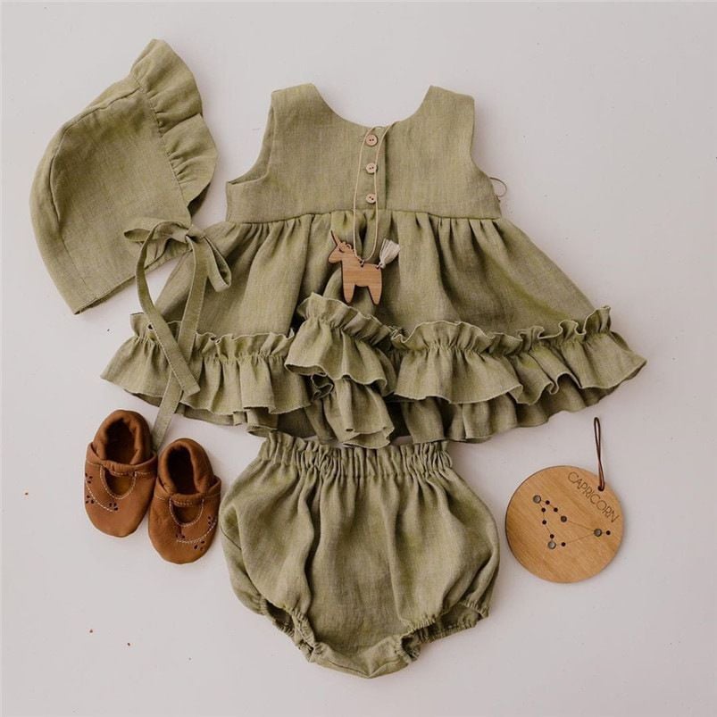 Spring & Summer Cotton Linen Baby Clothing Set, Girls Dress with Ruffle Trim, Princess Slip Dress & Bubble Pants