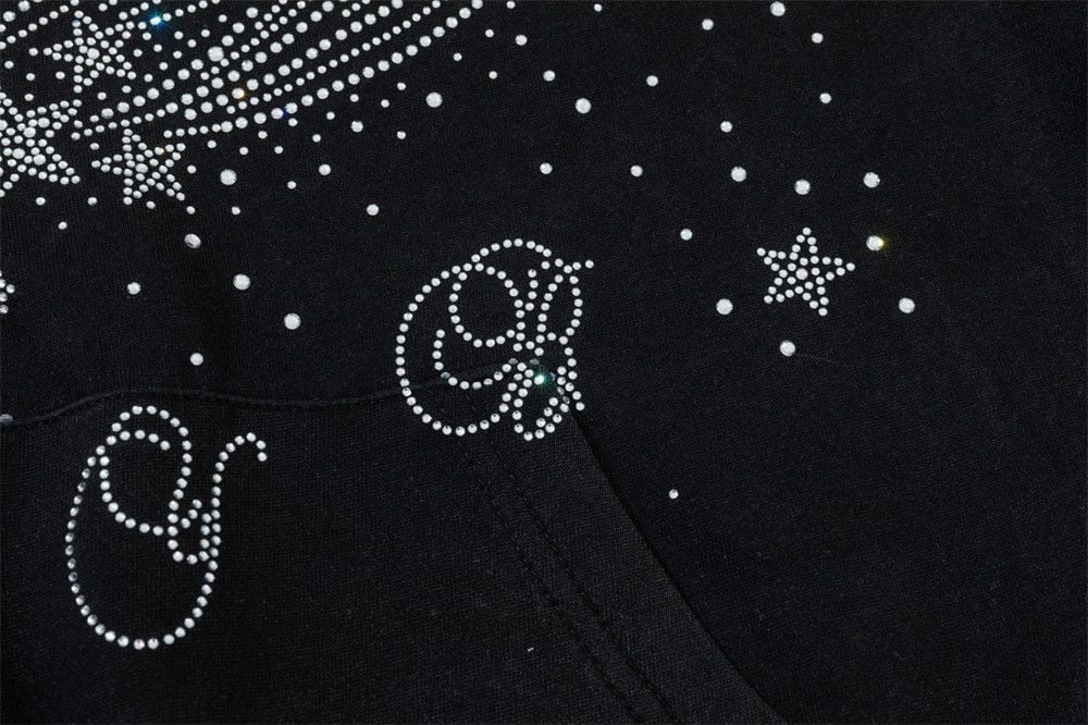 Men Starry Bling Hot‑Fix Rhinestone Hooded Zip‑Up Cardigan, Hip‑Hop Street‑Style Unique Double‑Slider Zipper Sweatshirt Jacket for Spring Autumn
