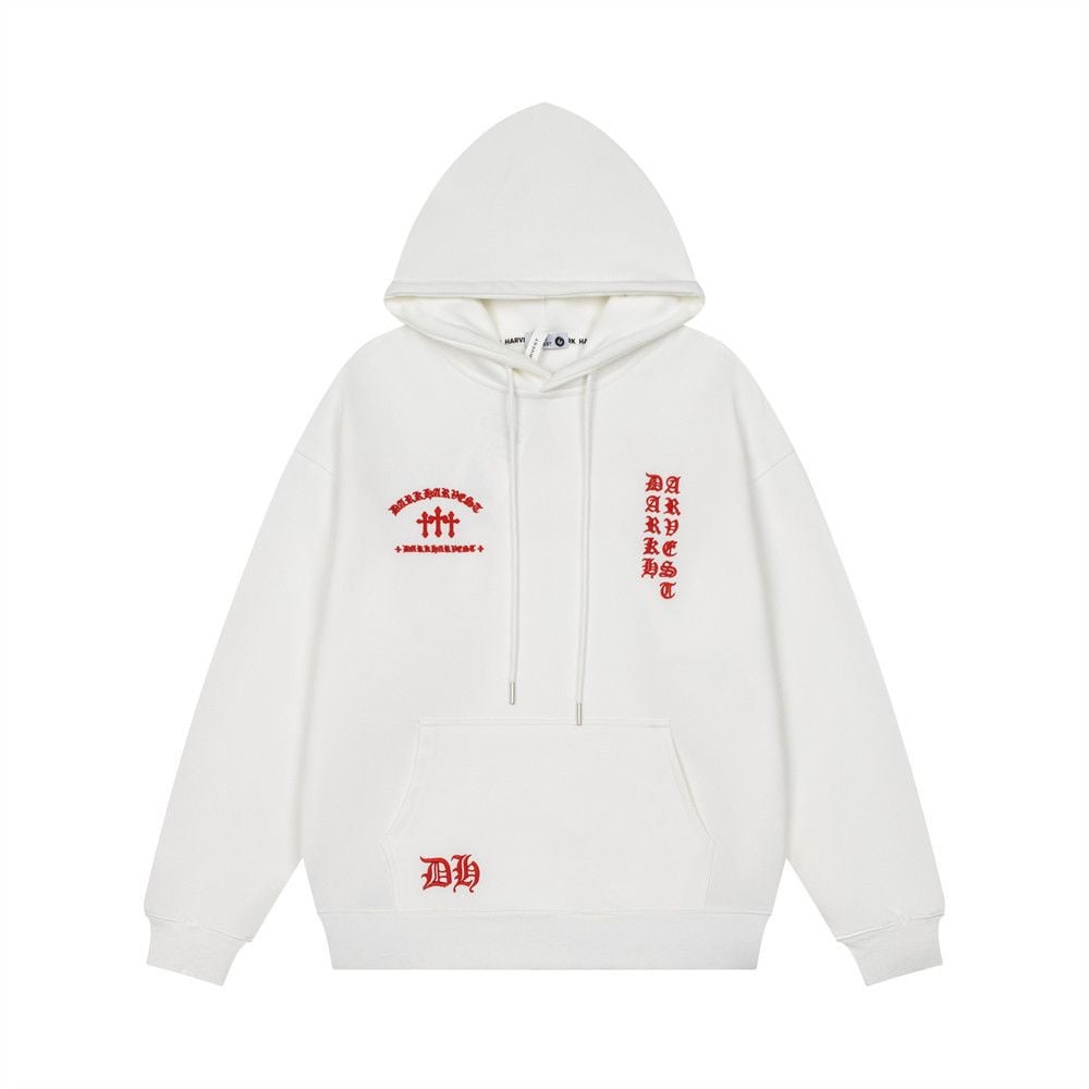 Dark Tone Cross & Sanskrit Gothic Letter Embroidered Hoodie, Men's Trendy Loose Pullover Sweatshirt Spring Autumn