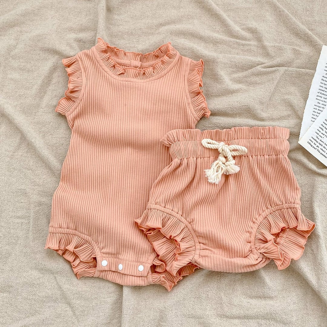Ribbed Baby Romper Set, Ruffle Trim Girls Onesie with Drawstring Big Butt Pants, Spring Summer Outfit