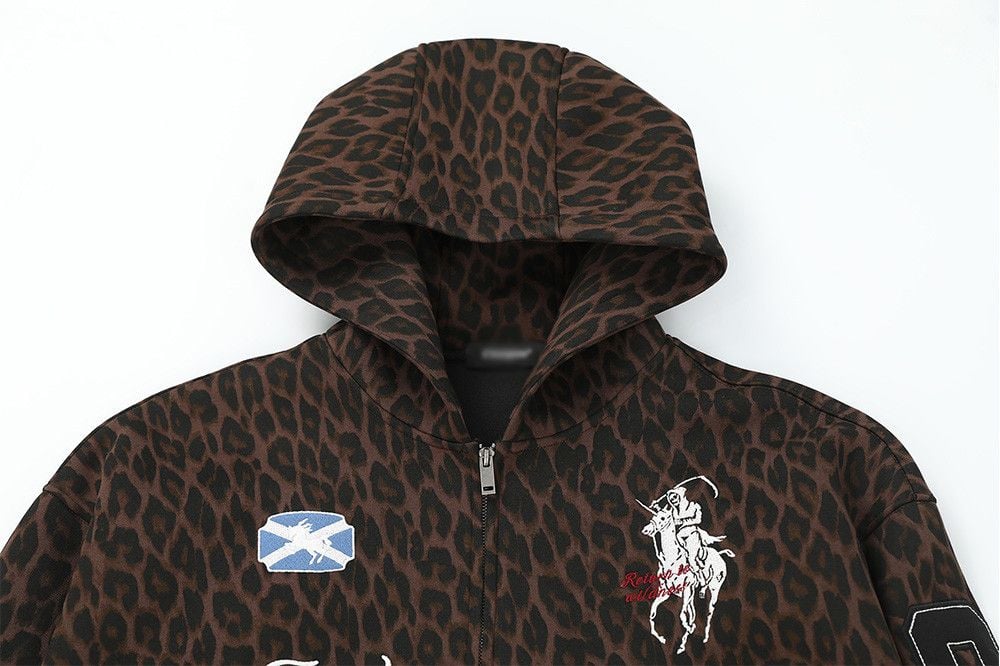 Men’s Leopard‑Print Two‑Way Zip‑Up Hoodie with Letter Embroidery, Loose Casual Vibe Streetwear for Spring & Autumn