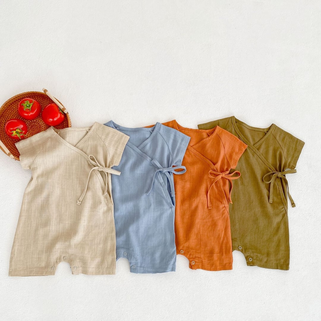 Cotton Linen Baby Romper, Boys Traditional Tie Design Jumpsuit, Infant Short Sleeve Onesie