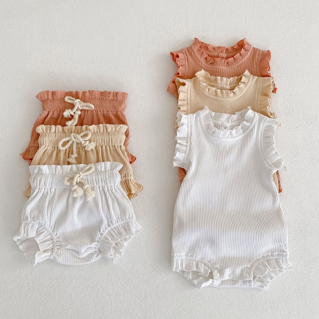 Ribbed Baby Romper Set, Ruffle Trim Girls Onesie with Drawstring Big Butt Pants, Spring Summer Outfit