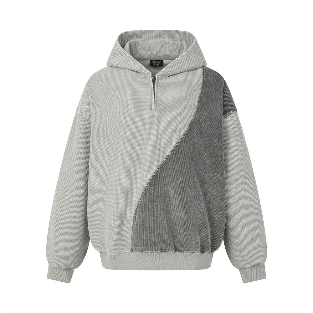 Men’s Washed Vintage Half‑Zip Hoodie, Irregular Color‑Block Splicing Streetwear Sweatshirt