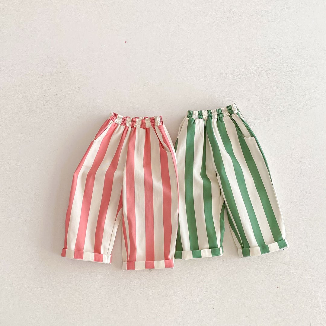 Boys & Girls Striped Drawstring Casual Pants, Loose Breathable Linen Cotton Trousers for Kids