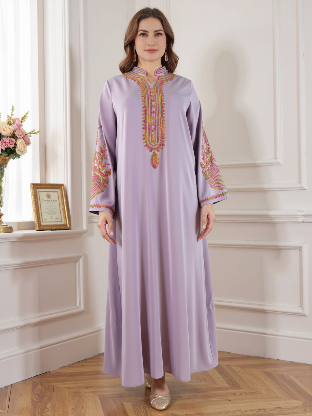 Plus Size Ethnic Loose Long Dress With Colorful Sequin Lace Decoration