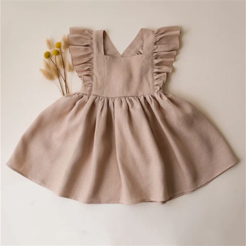 Spring & Summer Cotton Linen Baby Girls Outfit, Ruffled Princess Dress for Toddlers