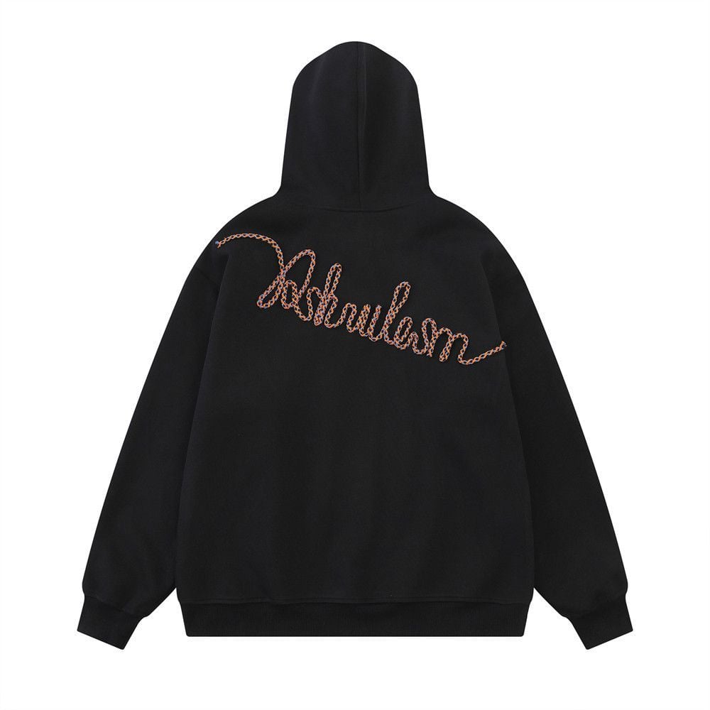 Men Blue Casual Pullover Hoodie, Woven Letter Graphic Design, Loose Vibe Street‑style Sweatshirt for Spring and Autumn