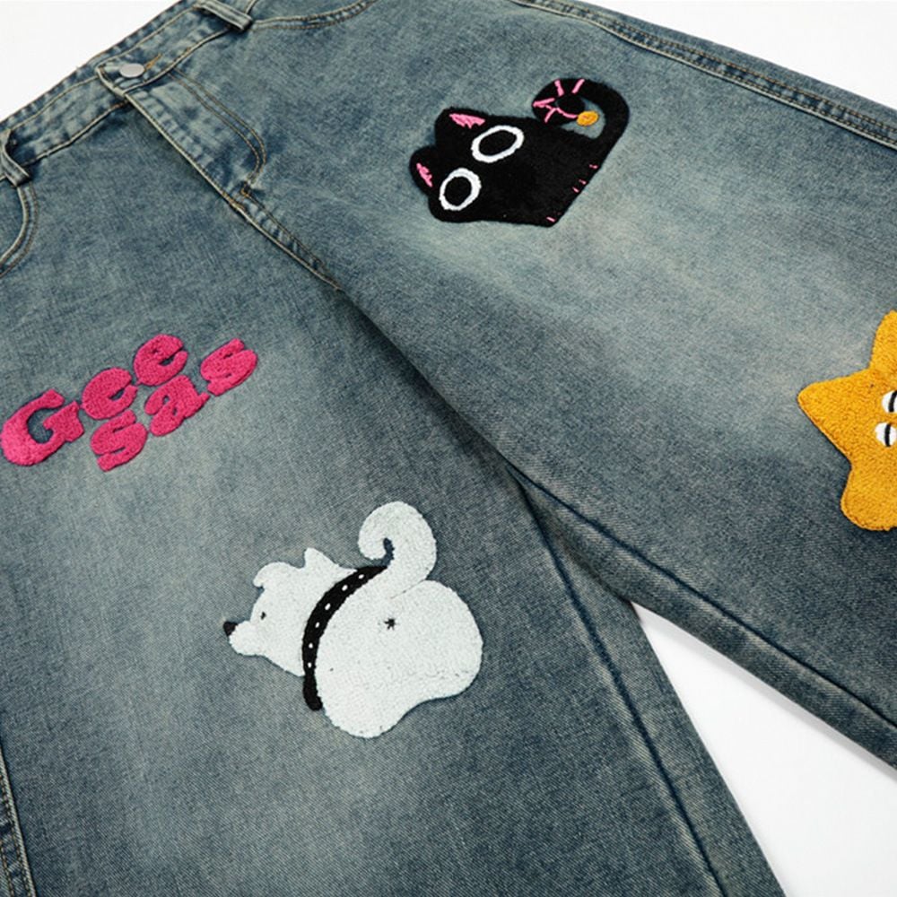 Men’s INS European Hip‑Hop Denim 5‑Inch Shorts, Fun Cartoon Motif, A‑Line Silhouette, Vintage Washed, Flock Embroidery Detail, Loose Wide‑Leg Street Shorts