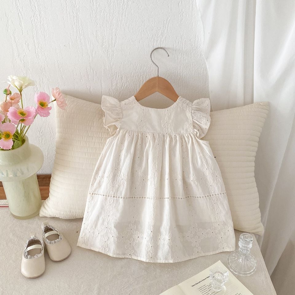 Girls Korean Princess Dress, Lace Embroidery Flutter Sleeve Dress