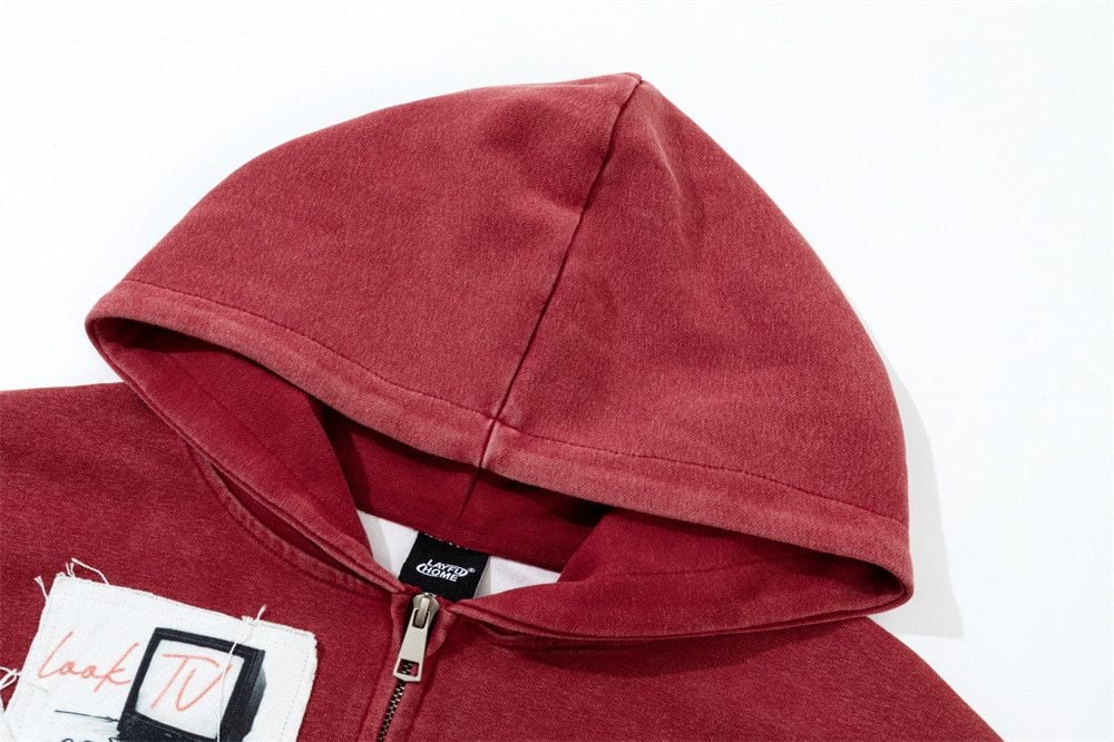 Men’s Color‑Block Patchwork Washed Zip‑Up Hoodie, Hip‑Hop Streetwear Two‑Way Zipper Jacket