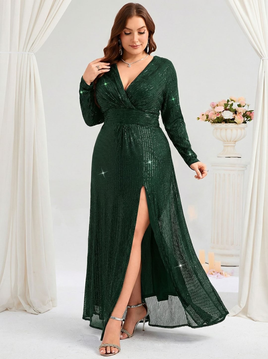 Plus Size European & American Style Evening Dress, V-Neck Long Sleeve Slit Sequin Elegant Gown
