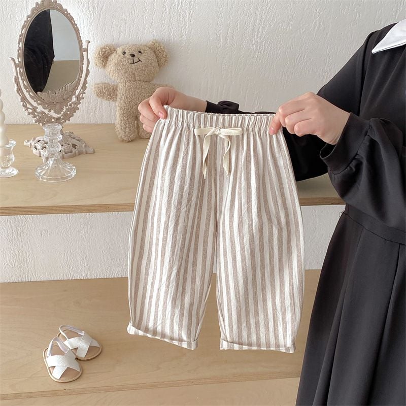 Boys & Girls Striped Drawstring Casual Pants, Loose Lightweight Cotton Linen Long Trousers for Kids