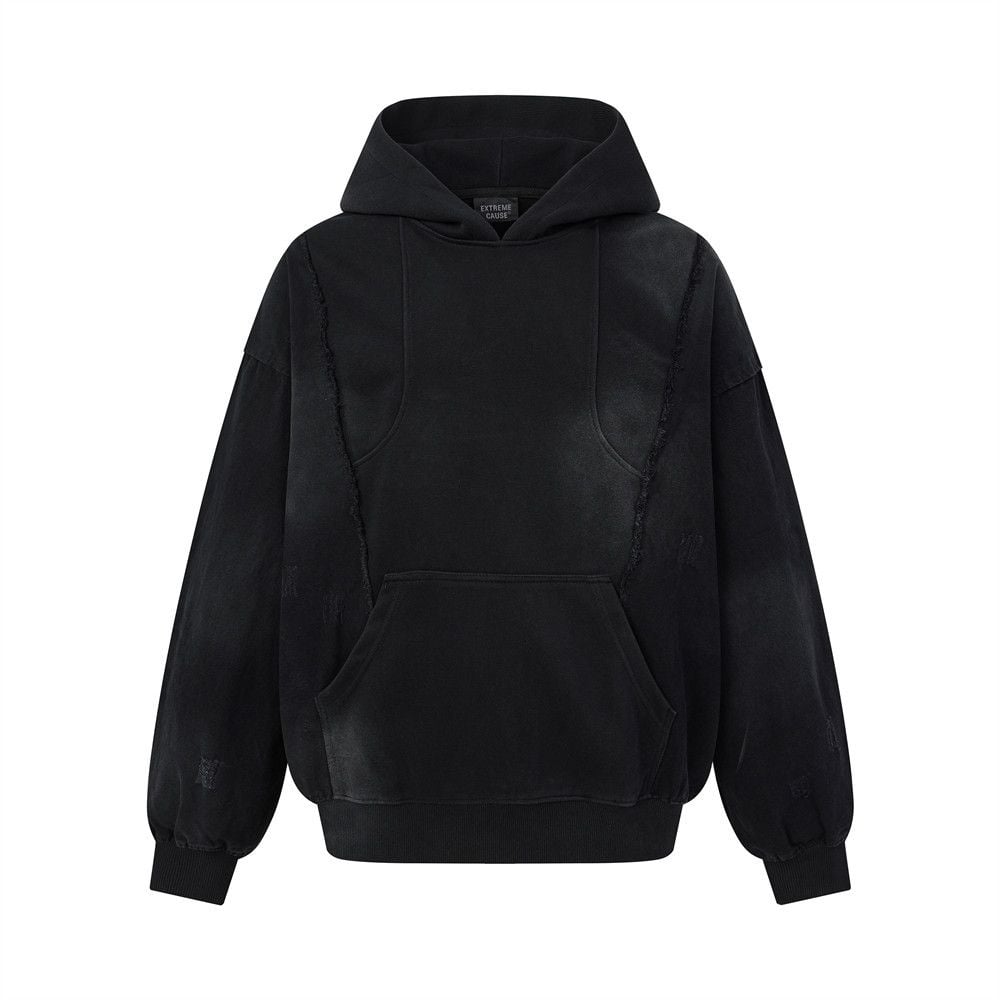 Men Wasteland Vintage Dirty‑Wash Pullover Hoodie, Deconstructed Canvas Splicing, Raw‑Edge Distressed Loose Street‑wear Sweatshirt for Spring Autumn