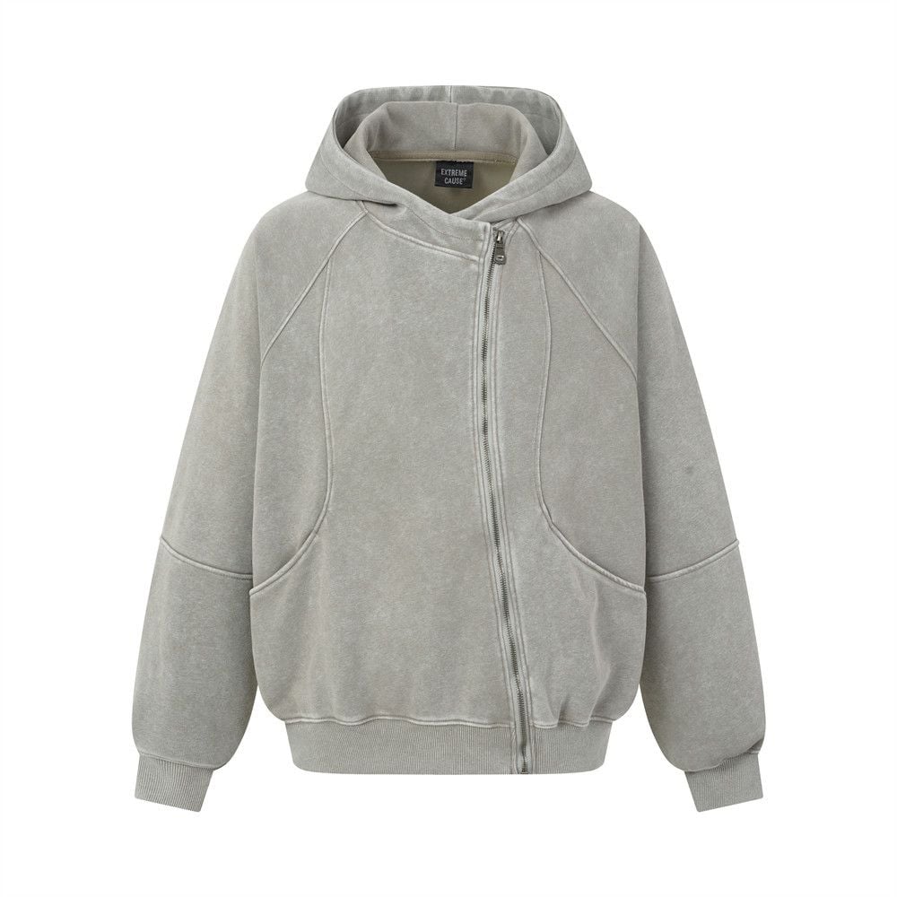 Men Washed Distressed Zip‑Up Hooded Cardigan, Loose Deconstructed Spliced Street‑Style Sweatshirt, Unique Diagonal Zipper Outerwear for Spring Autumn