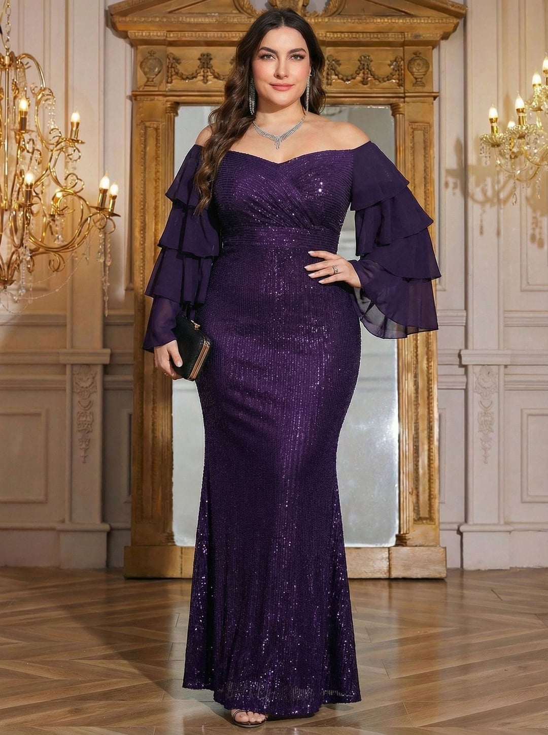 Plus Size Women Off Shoulder Cake Sleeve Dress, Elegant European American Style