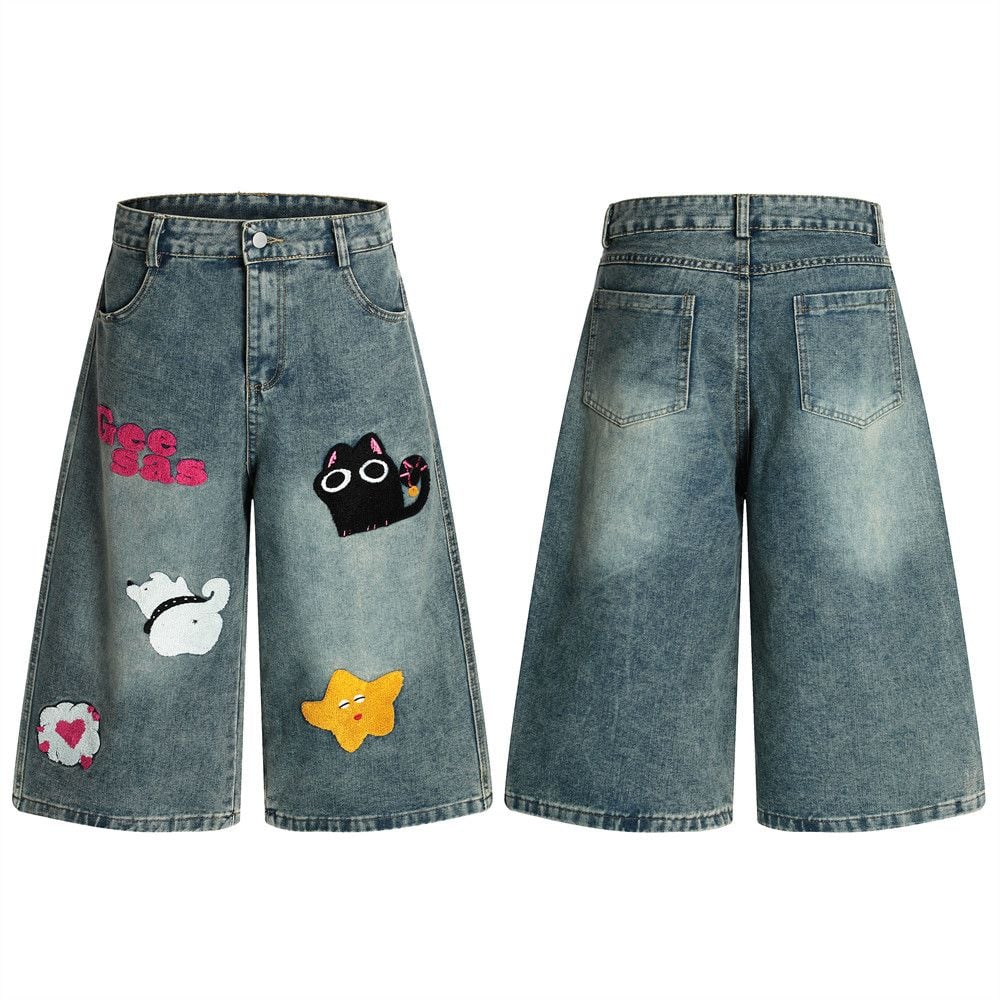 Men’s INS European Hip‑Hop Denim 5‑Inch Shorts, Fun Cartoon Motif, A‑Line Silhouette, Vintage Washed, Flock Embroidery Detail, Loose Wide‑Leg Street Shorts