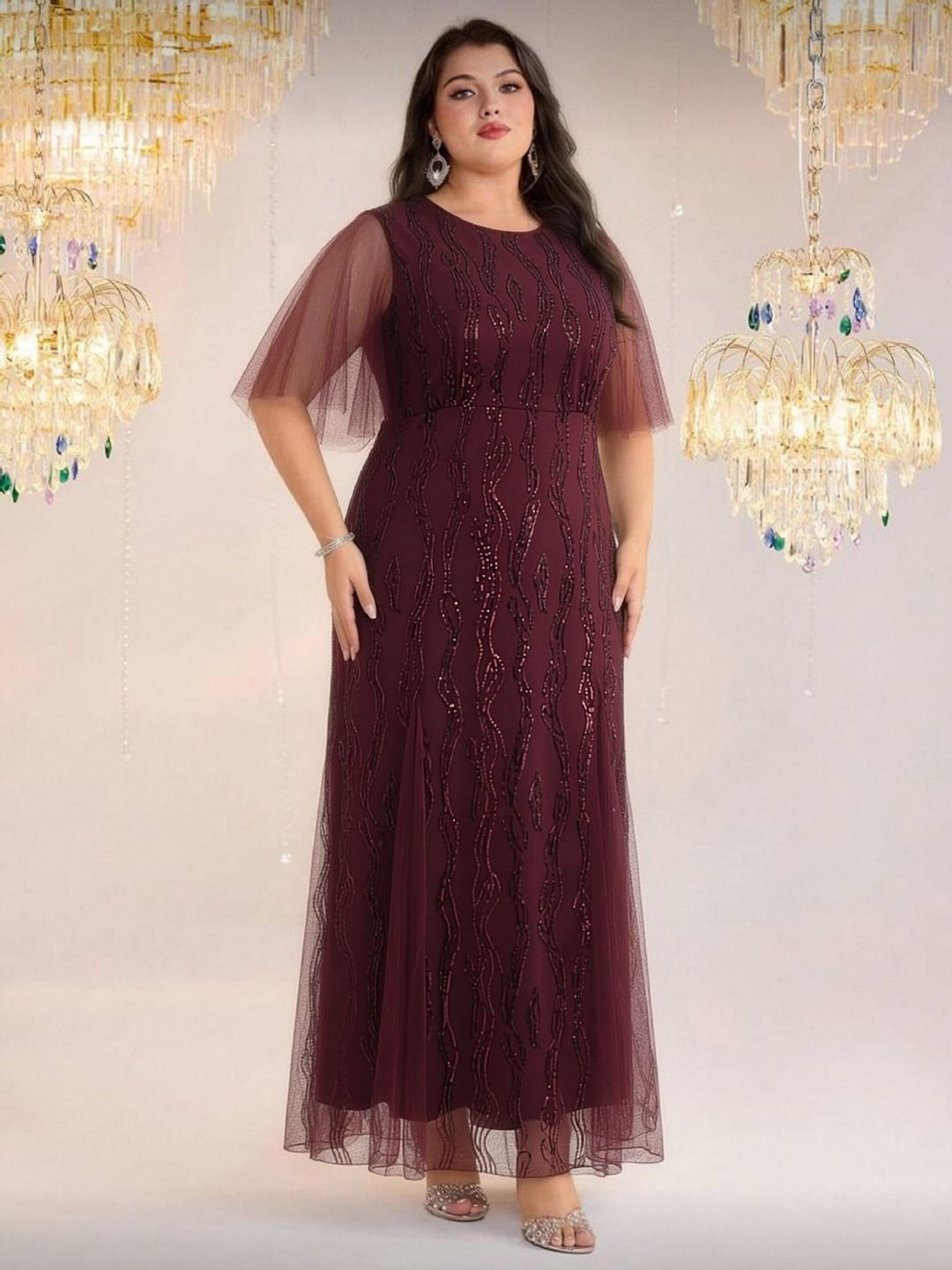 Plus Size Elegant Round Neck Short Sleeve European Style Evening Dress