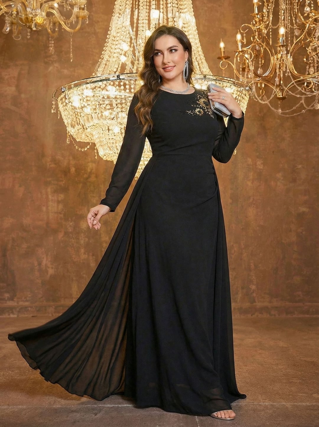 Elegant Plus Size Black Beaded Long Sleeve Bridesmaid Evening Dress