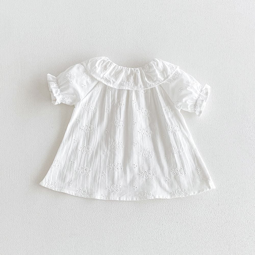 Baby Girl White Cotton T‑Shirt Cute Ruffle Collar Puff Short Sleeve Breathable Kids Top