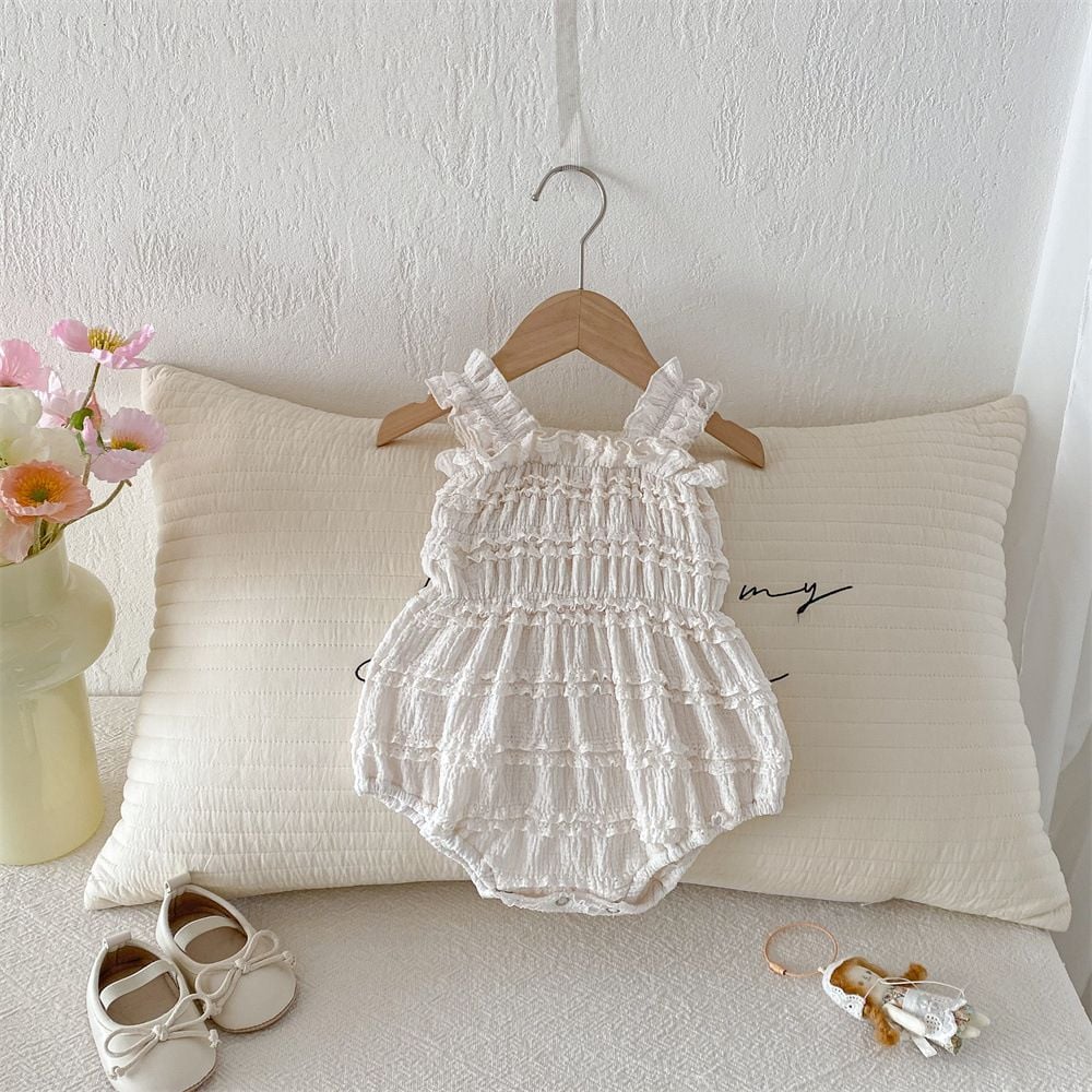 Korean Style Baby Girls Cami Romper, Lace Trim Sleeveless Bodysuit Thin Triangle Onesie for Summer