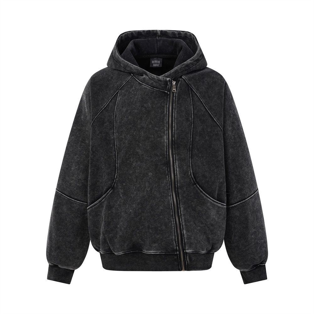 Men Washed Distressed Zip‑Up Hooded Cardigan, Loose Deconstructed Spliced Street‑Style Sweatshirt, Unique Diagonal Zipper Outerwear for Spring Autumn