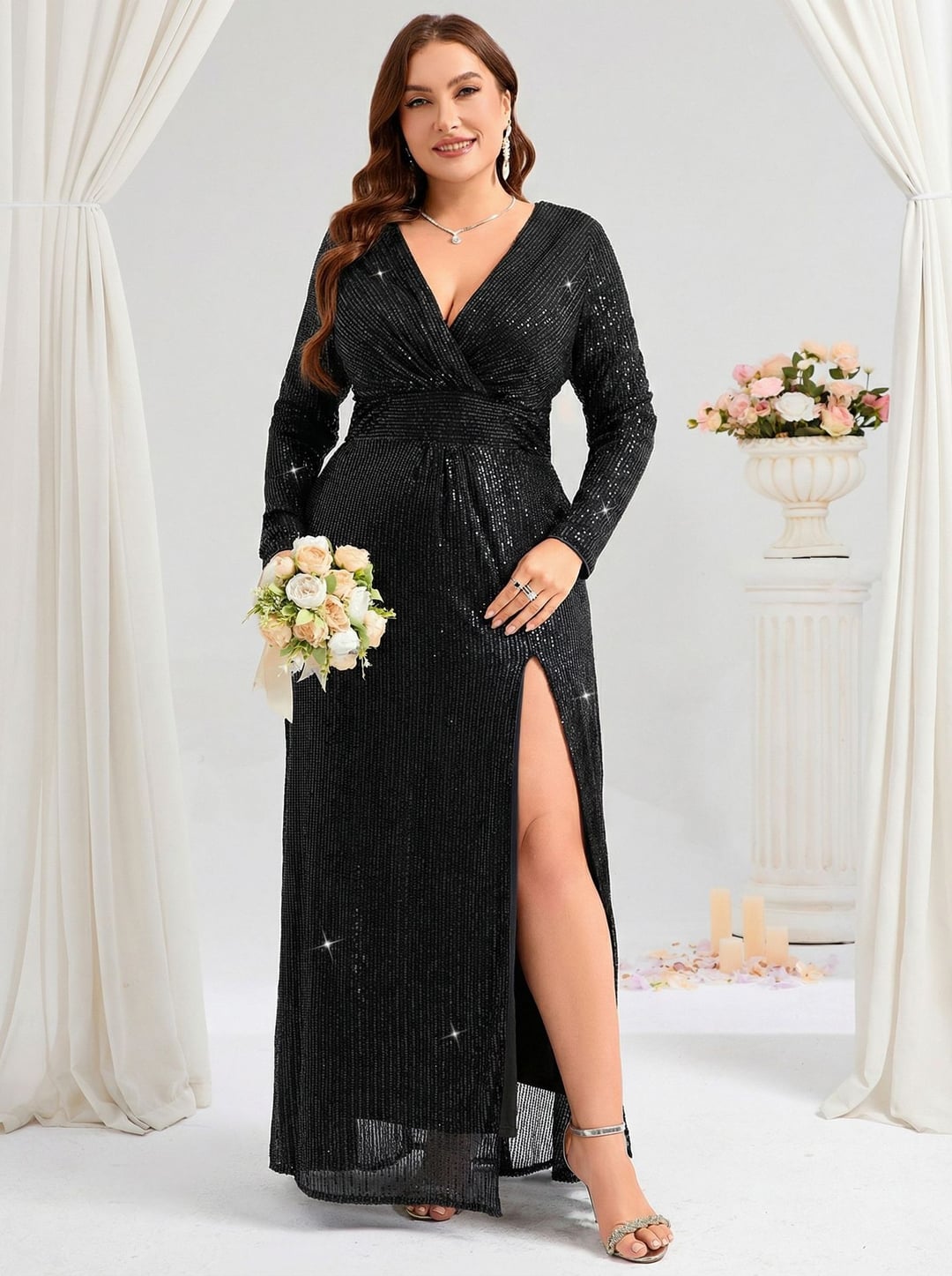 Plus Size European & American Style Evening Dress, V-Neck Long Sleeve Slit Sequin Elegant Gown