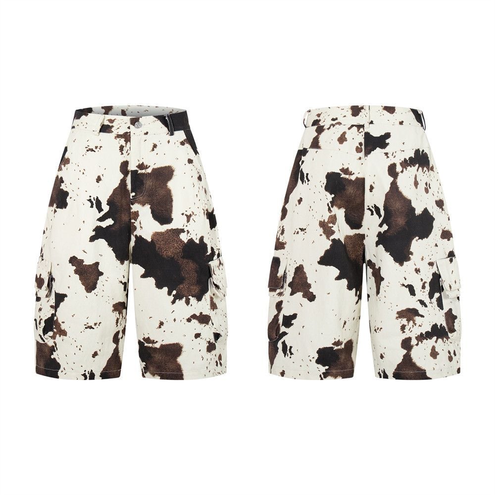 Men's Color Block Cow Print Tie-dye Camo Denim Seven-Point Pants Loose Summer Men's Wear