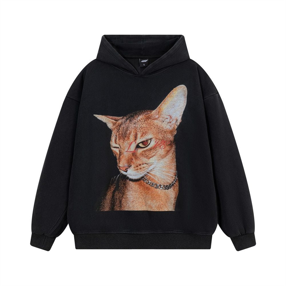 Men High‑Street Hip‑Hop Pullover Hoodie, Cool Kitty Cat Graphic Print Loose Sweatshirt With Patch Pockets for Spring Autumn