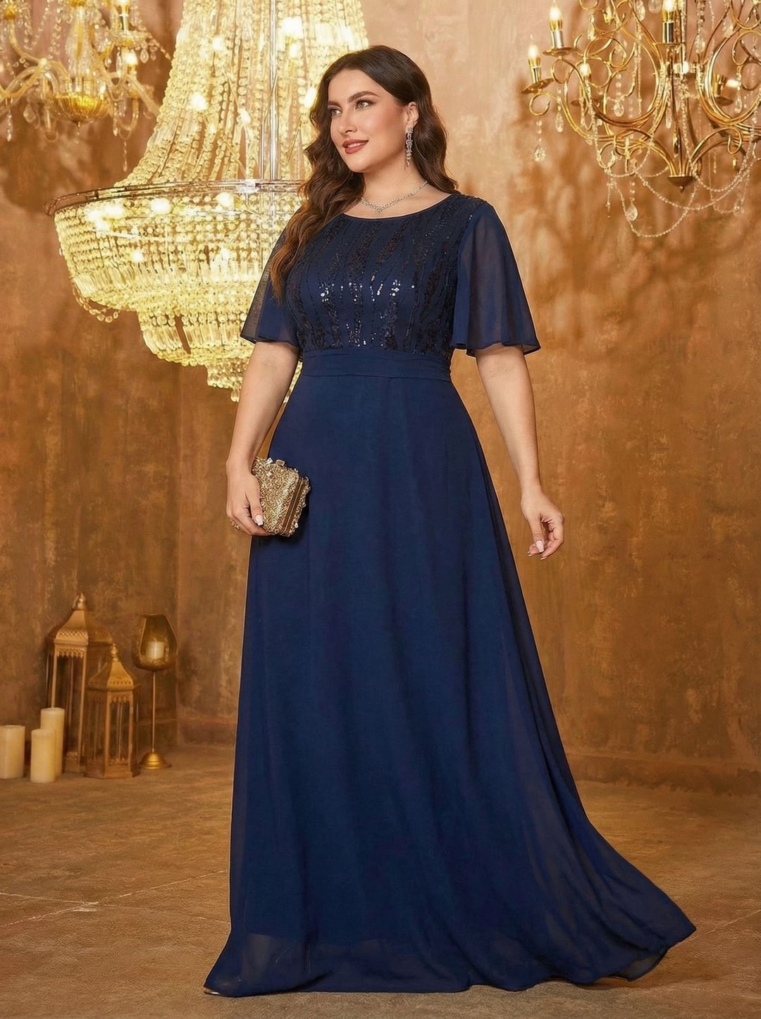 Elegant Plus Size Sequin Bridesmaid Dress, Sequin Spliced Chiffon