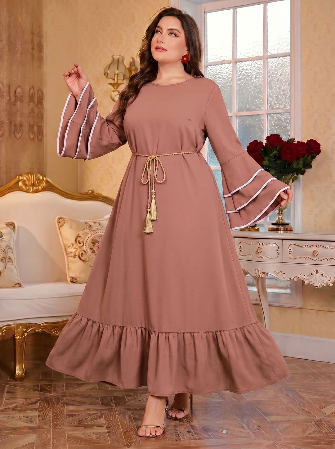 Plus Size Women Ethnic Style Long Loose Dress With Golden Waist Belt