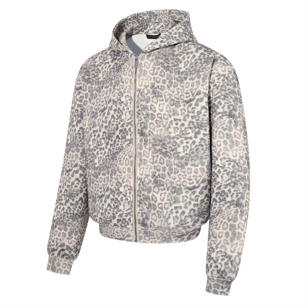 Men Vintage Washed Leopard Print Pullover Hoodie, Punk Niche Street‑Style Loose Casual Sweatshirt Jacket for Spring Autumn