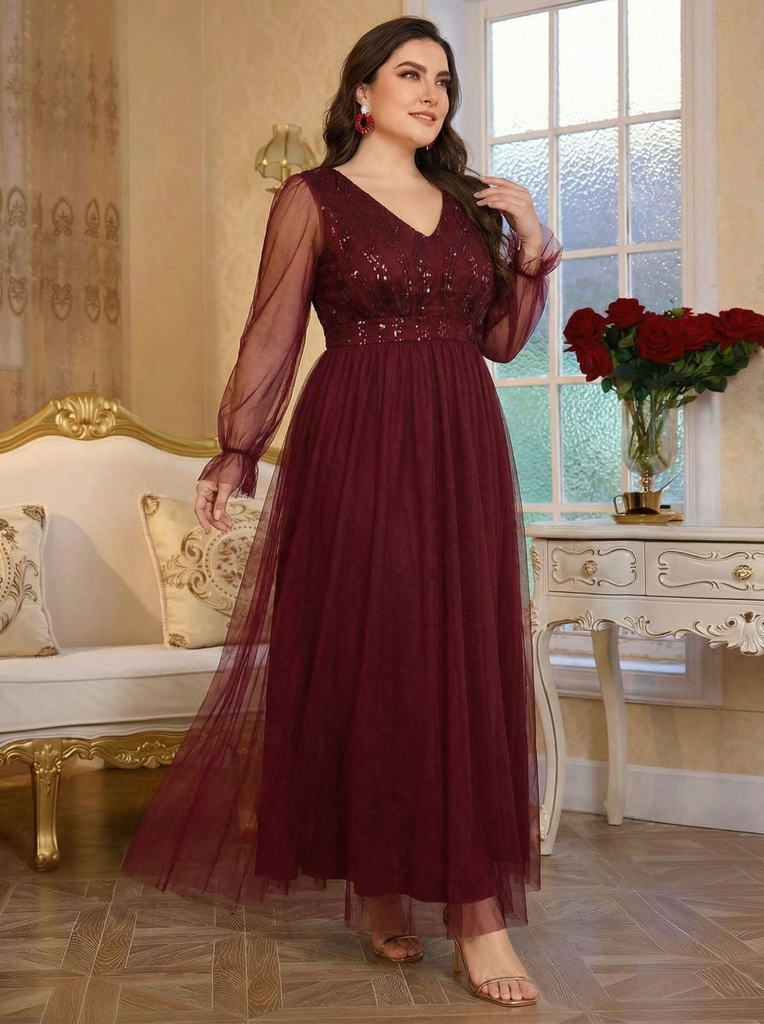 Elegant Plus Size V-Neck Long Sleeve Mesh Sequin Formal Evening Gown
