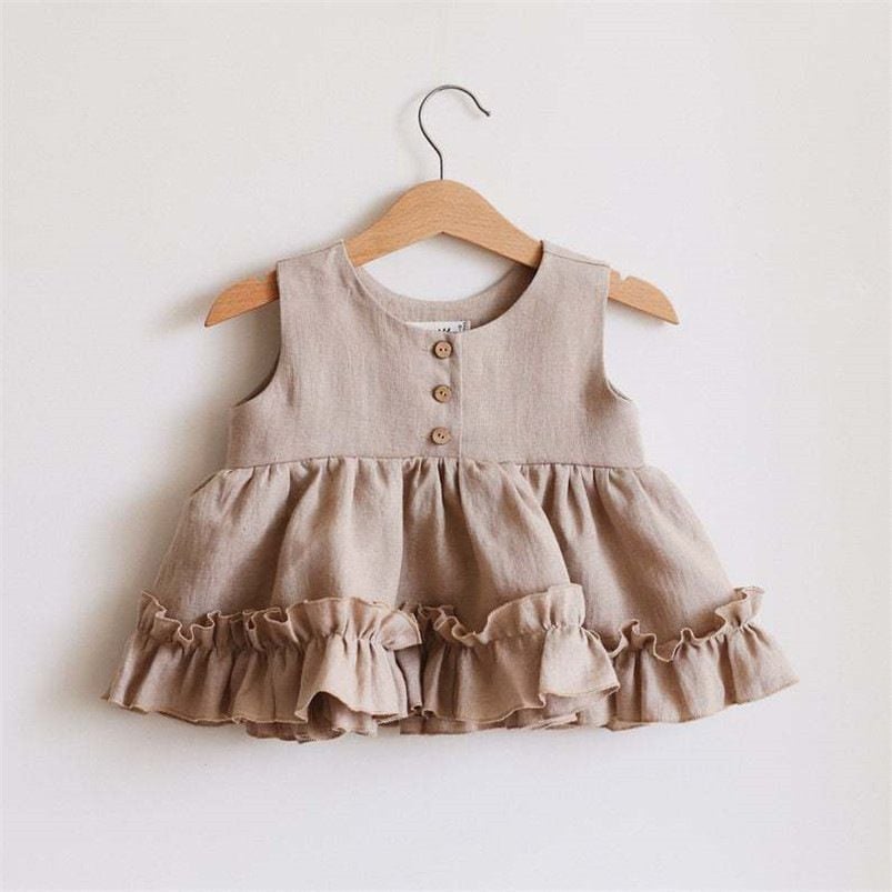 Spring & Summer Cotton Linen Baby Clothing Set, Girls Dress with Ruffle Trim, Princess Slip Dress & Bubble Pants