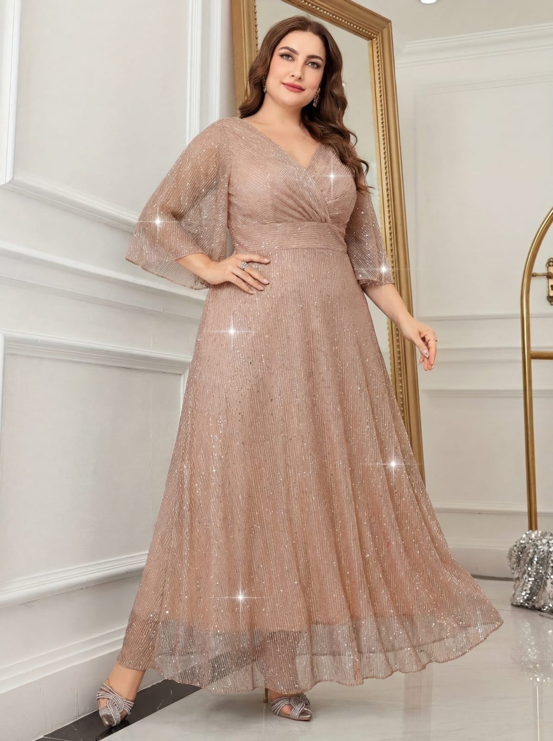 Plus Size Women European Style V-neck Long Sleeve Slit Sequin Elegant Dress