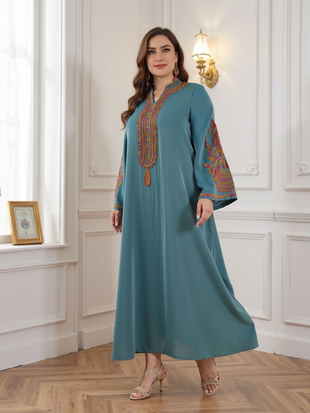 Plus Size Ethnic Loose Long Dress With Colorful Sequin Lace Decoration