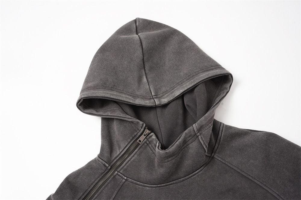 Men Pullover Hoodie | Wasteland Washed Distressed Finish, Diagonal Asymmetric Zipper, Niche Design, Oversized Fit, Spring‑Autumn Wear