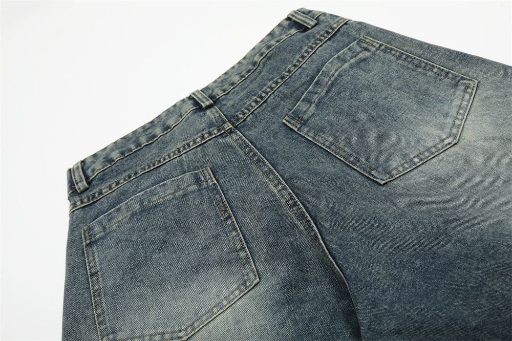 Men’s INS European Hip‑Hop Denim 5‑Inch Shorts, Fun Cartoon Motif, A‑Line Silhouette, Vintage Washed, Flock Embroidery Detail, Loose Wide‑Leg Street Shorts