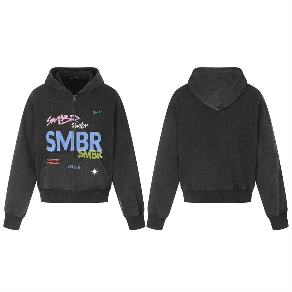 Men’s Vintage Letter‑Print Zip‑Up Hoodie, Punk Streetwear Loose Short Jacket