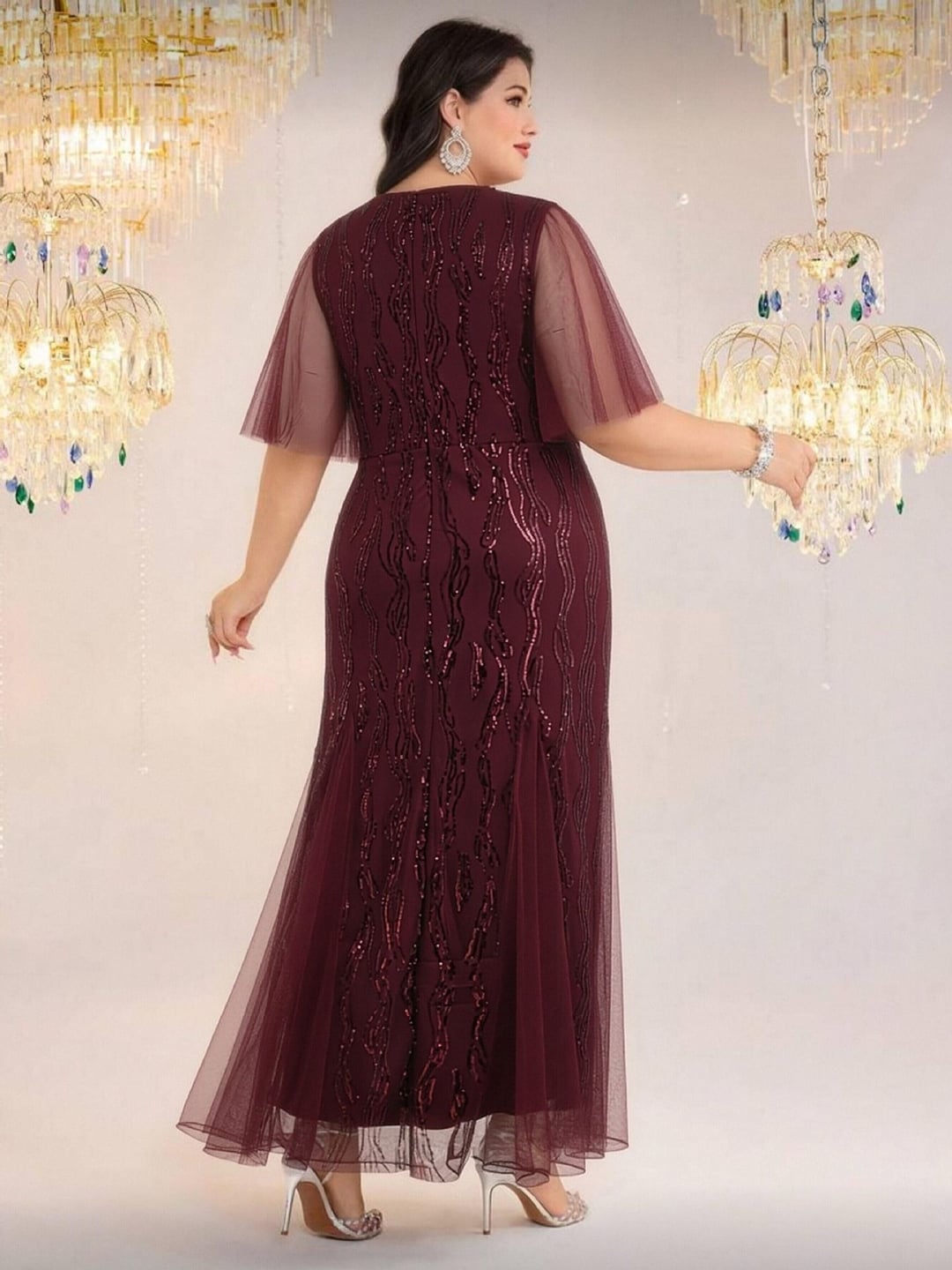 Plus Size Elegant Round Neck Short Sleeve European Style Evening Dress