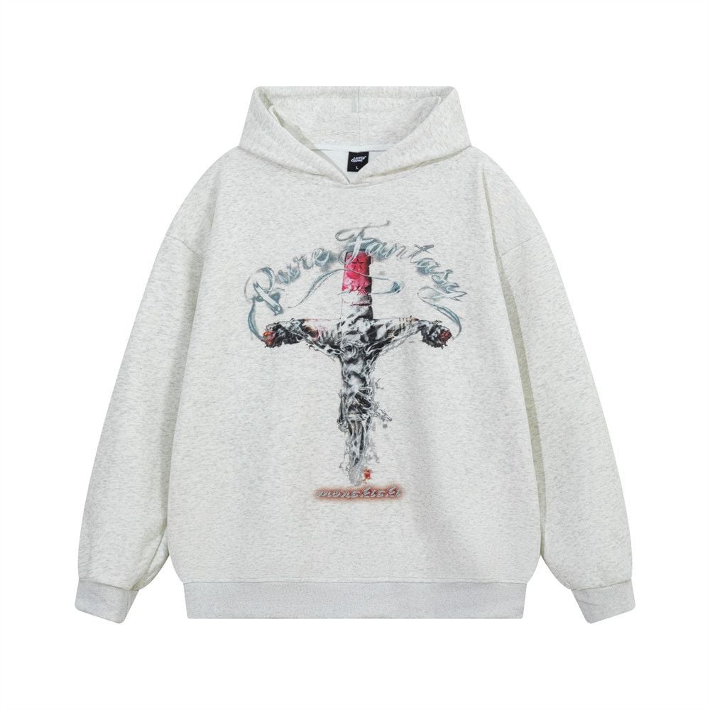 Men Creative Cross Graphic Print Pullover Hoodie, Vibe Hip‑Hop Street‑Style Loose Sweatshirt With Patch Pockets for Spring Autumn